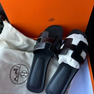 Hermes Black Slide Sandals